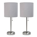 Diamond Sparkle Brushed Steel Stick Table Lamp with Charging Outlet & Fabric Shade, Gray - Set of 2 DI2519781